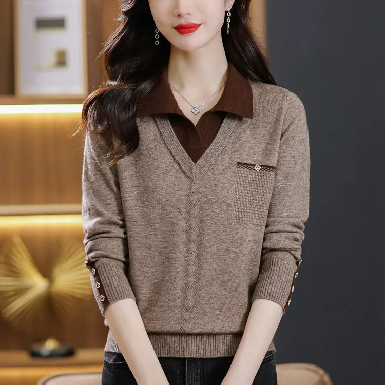 秋装大码假两件针织衫女宽松显瘦外穿毛衣洋气内搭秋冬翻领打底衫