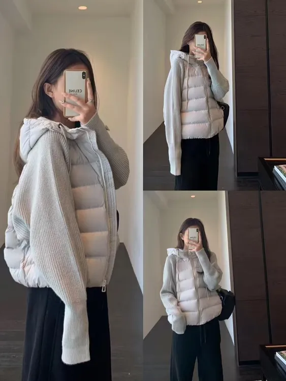 冬季新款拼接针织棉服女短款2025假两件棉衣韩版宽松冬装外套