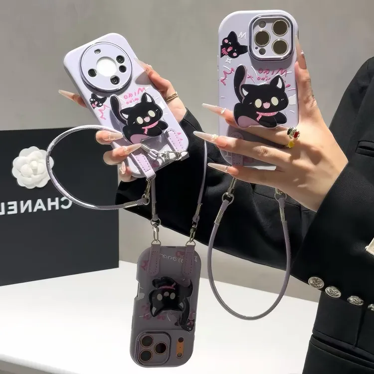 可爱惊吓猫咪支架挂绳适用苹果17手机壳iPhone16华为vivo小米oppo