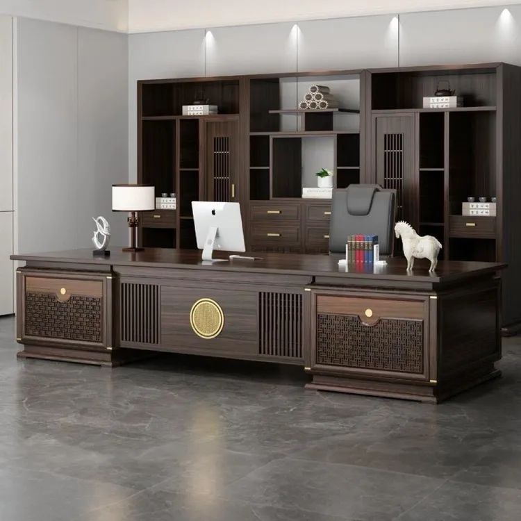 新中式实木大班台老板办公桌乌金木总裁董事长办公室高档家具定制