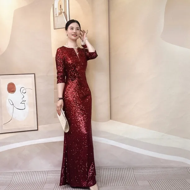 喜妃琳高端礼服0002喜婆婆喜妈妈婚宴装V领钉珠七分袖显瘦鱼尾裙