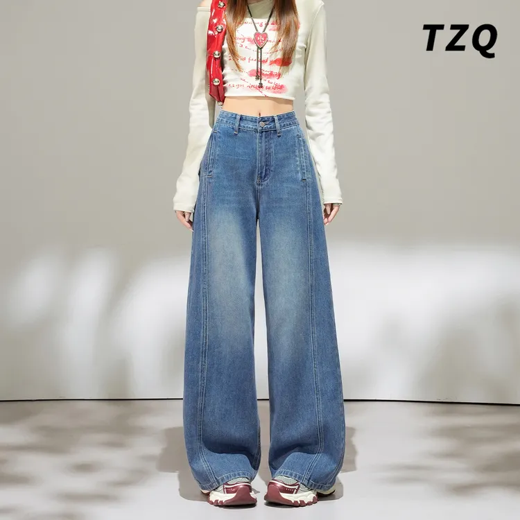 复古蓝弯刀阔腿牛仔裤女秋设计感小个子宽松显瘦九分裤TZQ2592724