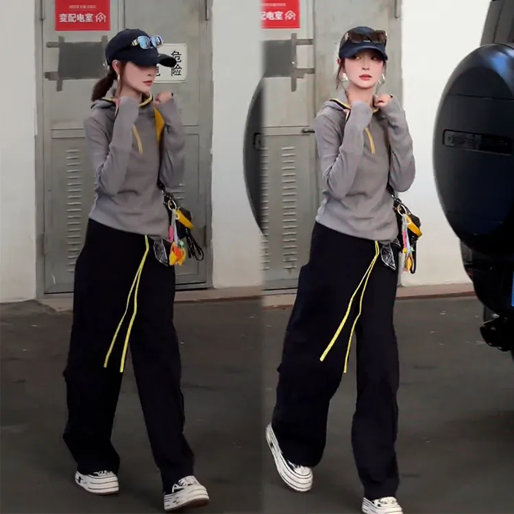 2025秋季新款设计感时尚套装百搭长袖连帽卫衣女休闲阔腿裤两件套