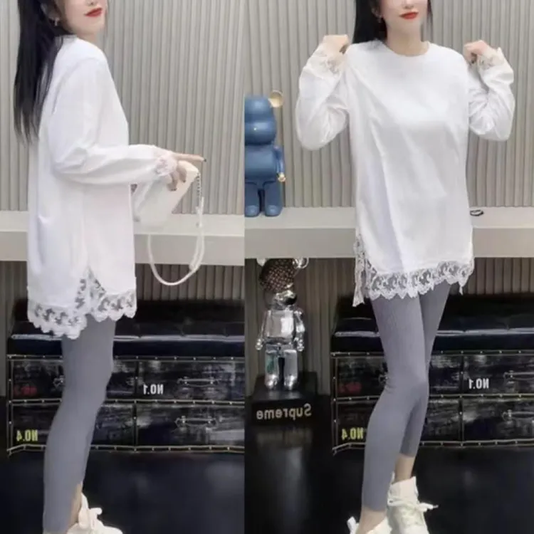 显瘦宽松长袖打底衫蕾丝拼接大版时尚设计感中长款T恤