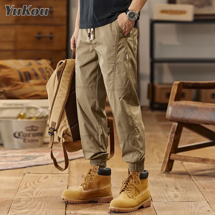 卡其色休闲裤男士夏季新款宽松束脚哈伦运动裤美式冰丝工装裤子男