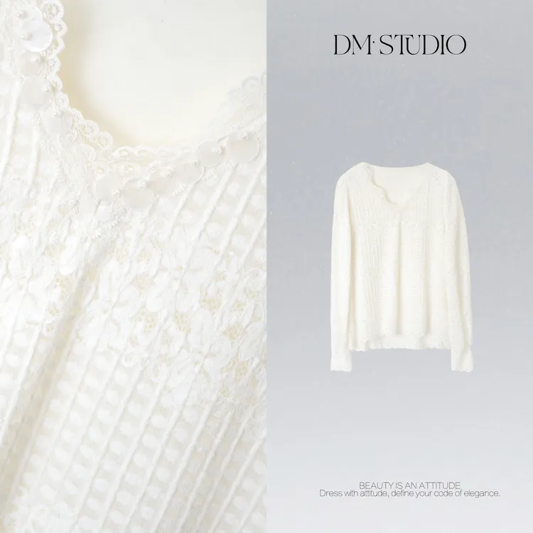 DEDM•STUDIO/精致减龄气质显瘦百搭蕾丝花边V领上衣2511LSS/8930