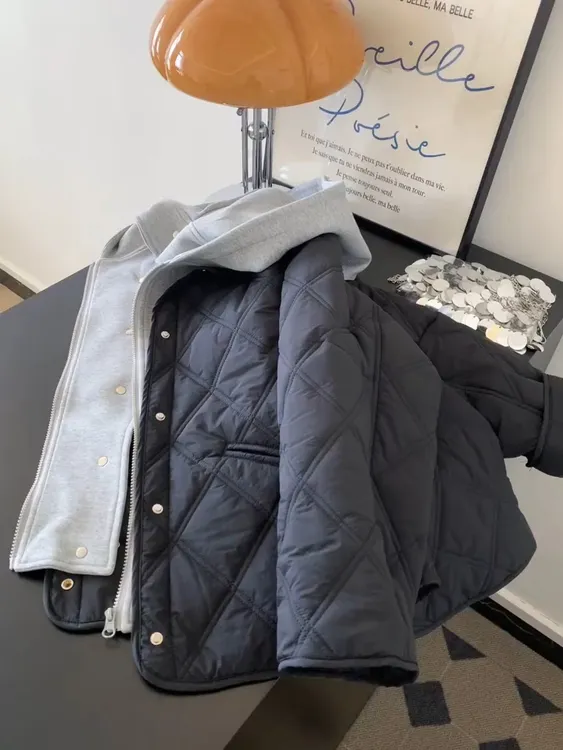 韩系假两件拼接菱格连帽棉服外套男女秋冬设计感宽松休闲百搭棉衣