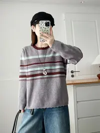 宽松型条纹女薄款常规套头款圆领毛针织衫常规款