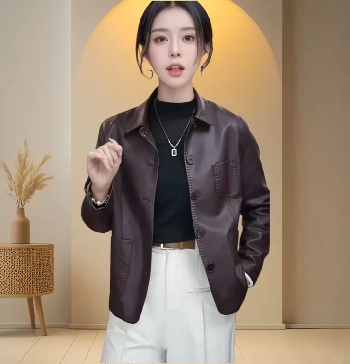 【单里衬】海宁正品2025春秋新款时尚休闲翻领气质皮衣外套女JH04