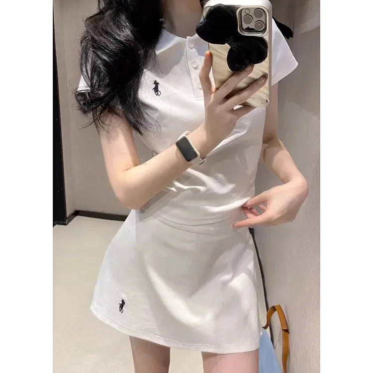 FRVXO夏装刺绣小马休闲运动减龄上衣POLO衫裙裤防走光半身裙套装