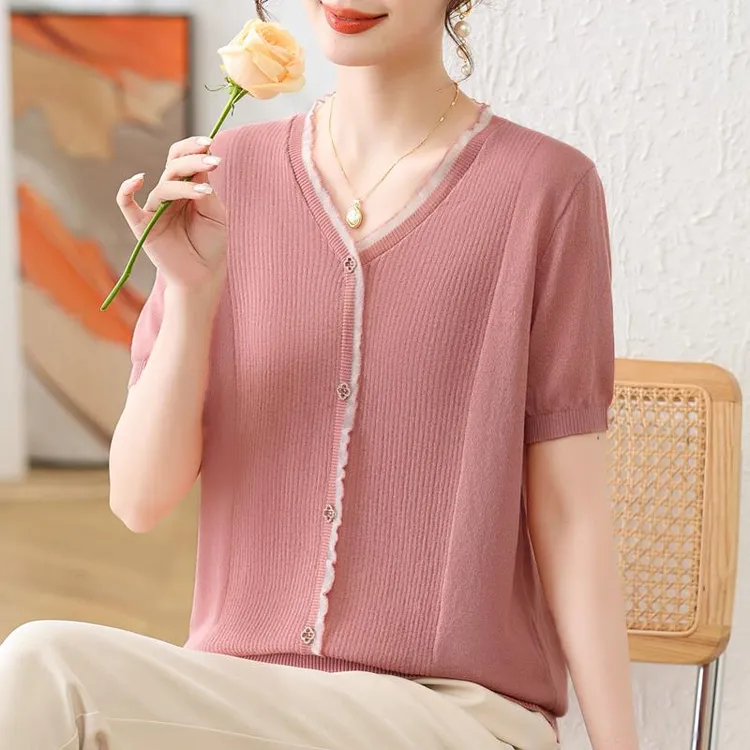 皮尔卡丹妈妈夏季冰丝短袖T恤女母亲节2025中年女夏季薄V领针织上