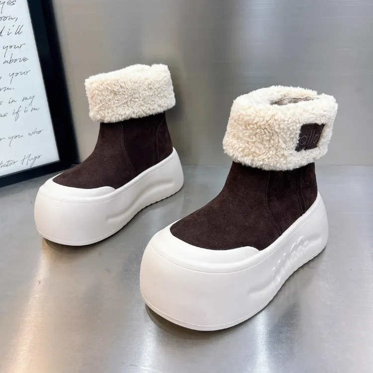 马丁靴6cm松糕厚底短靴2025新款磨砂爆款羊毛套脚两穿切尔西靴女