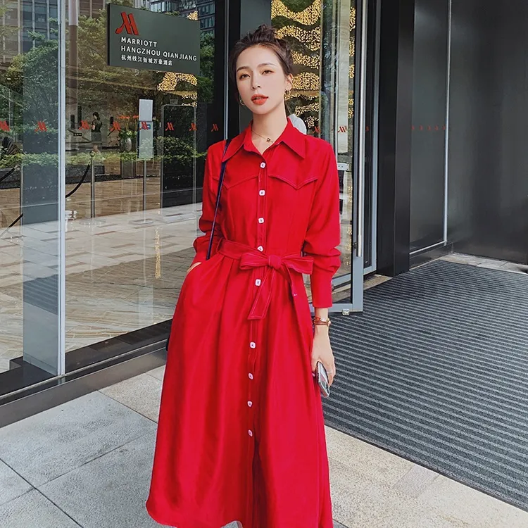 法式红色长袖衬衫连衣裙春秋女装2025新款气质别致收腰时尚长裙