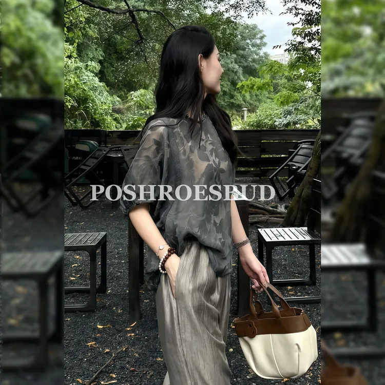 POSHROSEBUD【灰调花影】复古镂空提花灯笼袖气质显瘦上衣衫-LT0301