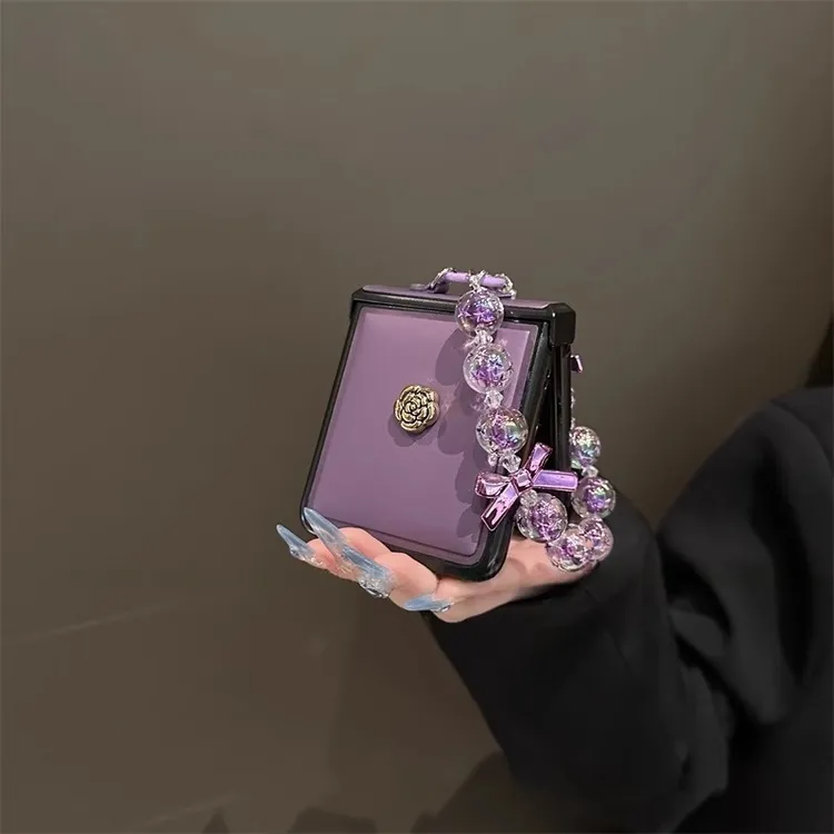 适用华为P50 Pocket 2折叠手机壳暗紫皮纹山茶花全包皮质防摔女款
