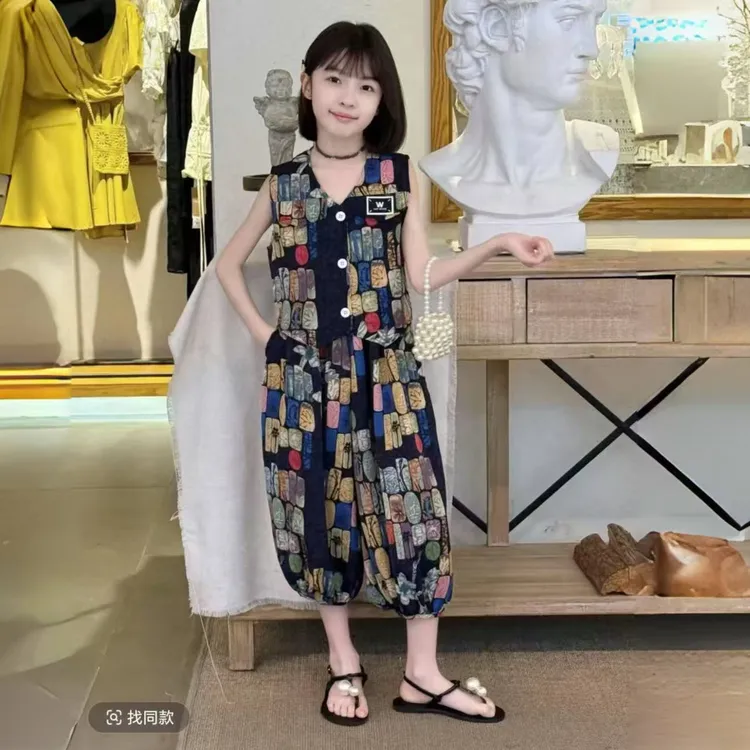 女童夏装套装2025新款无袖上衣儿童灯笼裤中大童印花两件套洋气