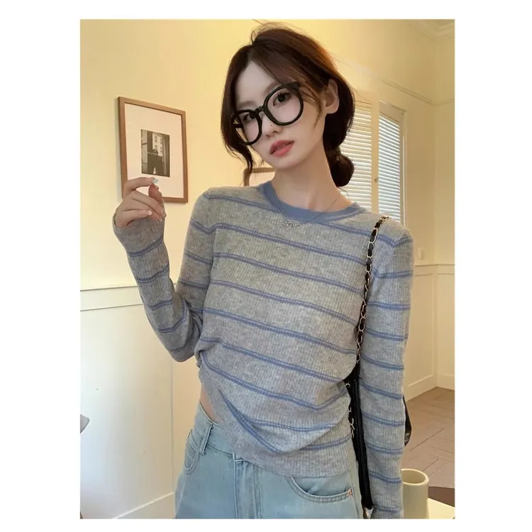 撞色条纹针织衫2025秋冬新款韩版修身圆领套头长袖打底毛衣I3-15