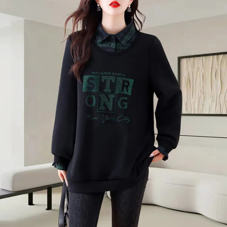 大码女装假两件无帽卫衣2025秋冬季新款内搭拼接减龄宽松长袖上衣