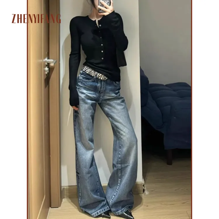 真衣坊阔腿牛仔裤女宽松显瘦时尚百搭立体简约