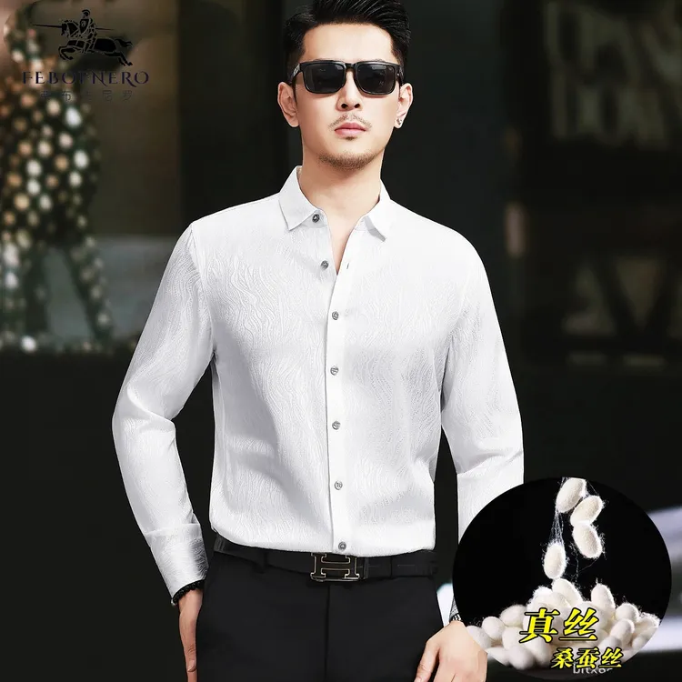 男士真丝长袖衬衫新款休闲丝绸衬衣时尚提花高级桑蚕丝绸缎上衣