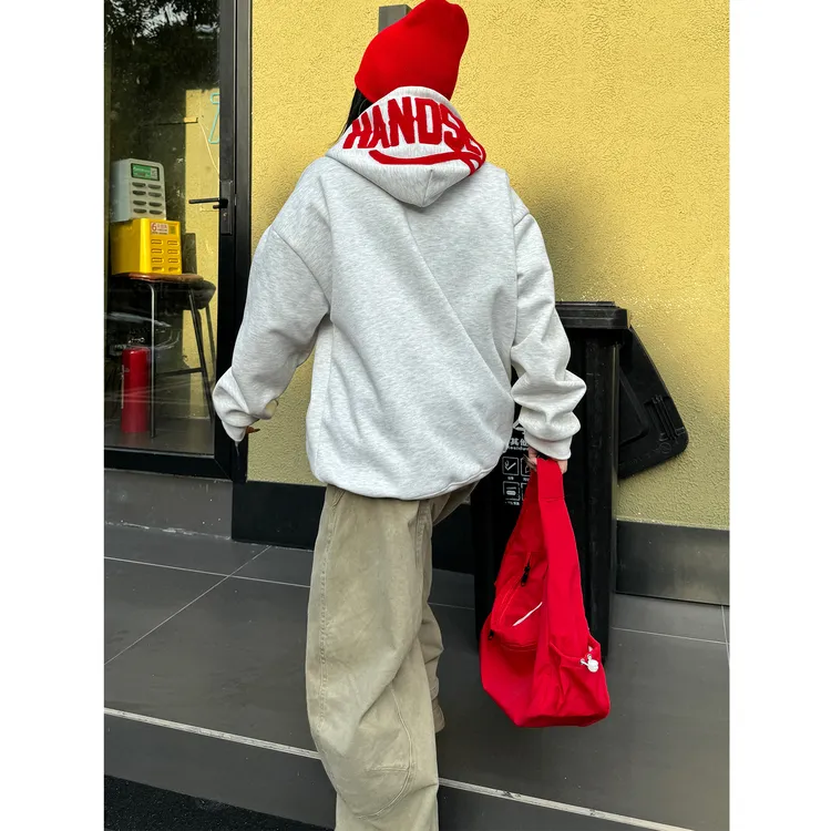 HandSeven美式复古毛巾刺绣设计连帽卫衣宽松上衣卫衣春秋款女