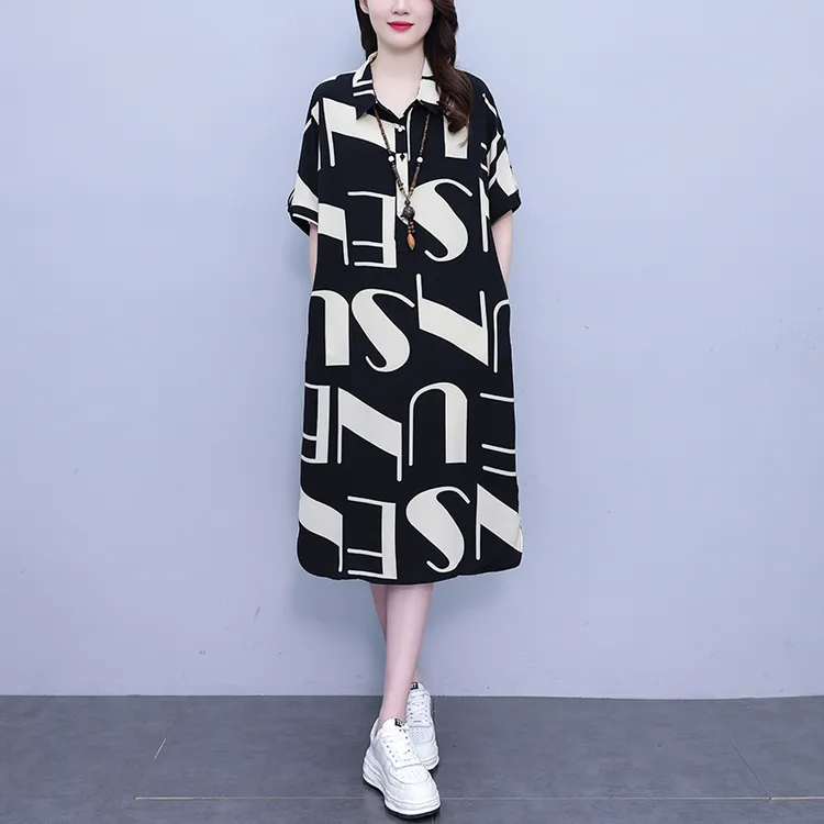 韩版衬衣领印花气质优雅连衣裙大码女装2025夏季新款休闲轻奢裙子