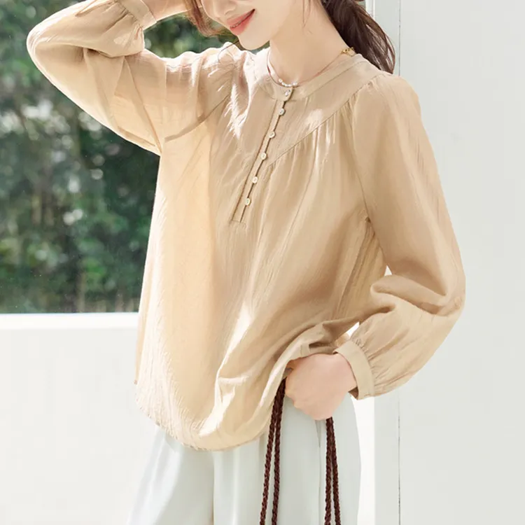 妈妈装法式气质复古衬衫女春秋新款2025韩版别致减龄圆领长袖上衣