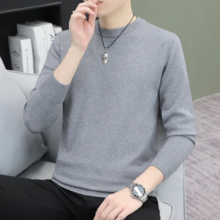秋冬季圆领深灰色毛衣针织衫男士长袖打底衫纯色内搭保暖男装上衣