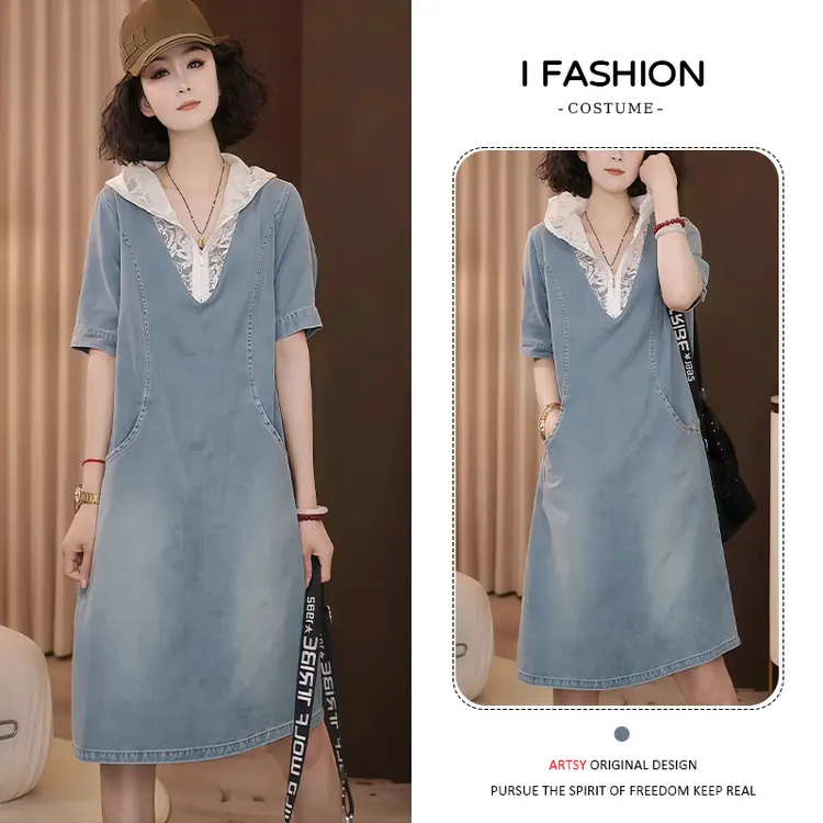 高含棉蕾丝时尚气质牛仔短袖连衣裙女2025年夏季新款宽松休闲裙子