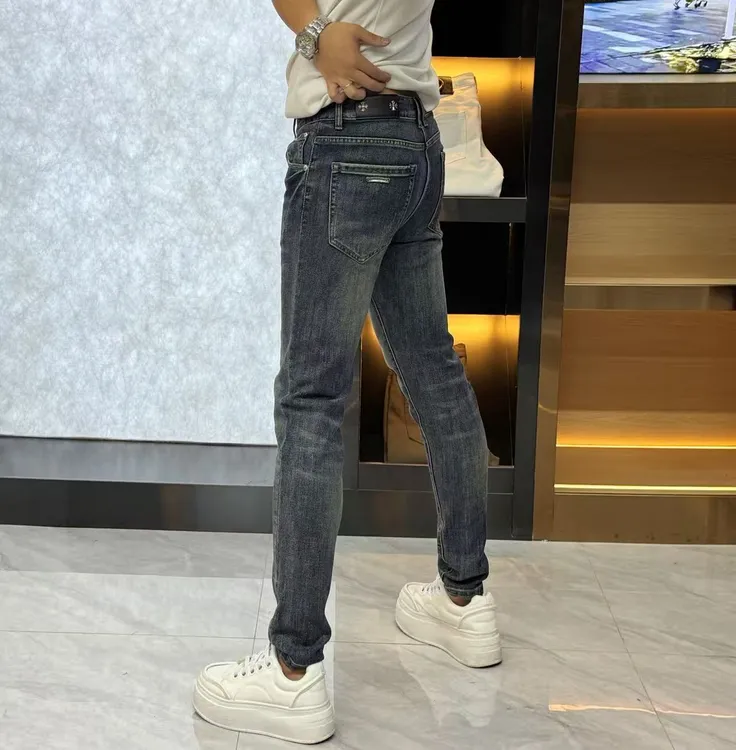 早秋新款时尚休闲百搭净版怀旧蓝男士修身小直筒复古做旧牛仔裤