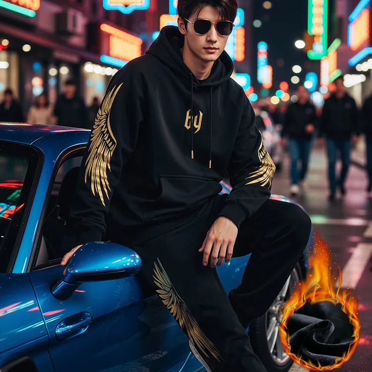 BY套装闪耀翅膀加绒连帽卫衣套装/男女同款时尚男秋冬新款潮牌