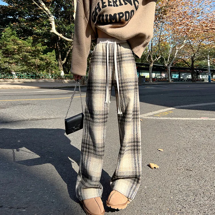 格子休闲裤女秋冬季2026新款加绒加厚撞色复古慵懒直筒毛呢阔腿裤