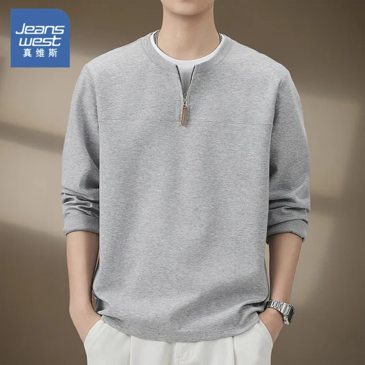 真维斯新款假两件长袖t恤男士卫衣秋季休闲半拉链设计宽松打底衫