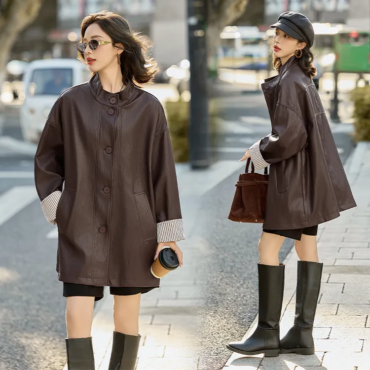 中长款皮衣外套女2025秋冬新款单排扣高级感大码宽松PU皮夹克风衣