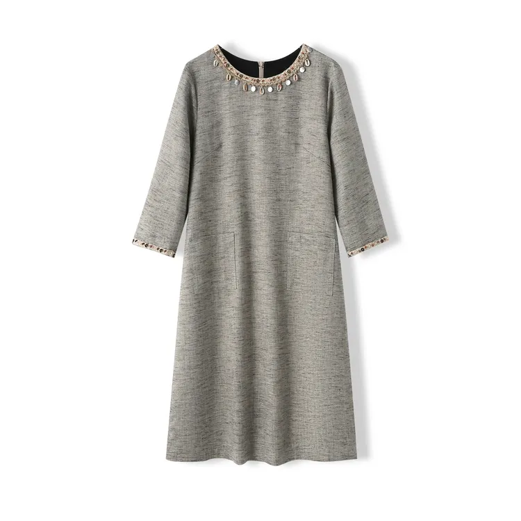 重工钉珠中腰圆领时尚爆款连衣裙中长款A122