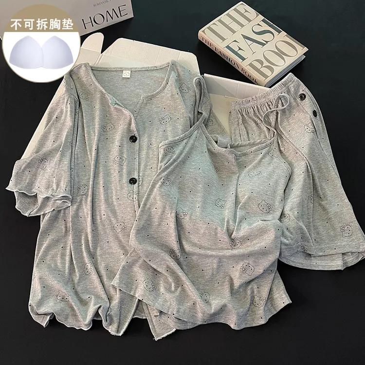 简约休闲莫代尔宽松睡衣女款夏季带胸垫灰色kt猫吊带家居服三件套