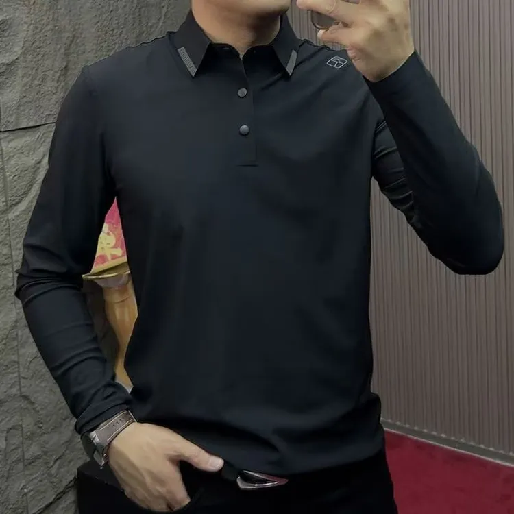2025-35186时尚修身春秋翻领男修身型长袖男士黑色Polo衫秋季