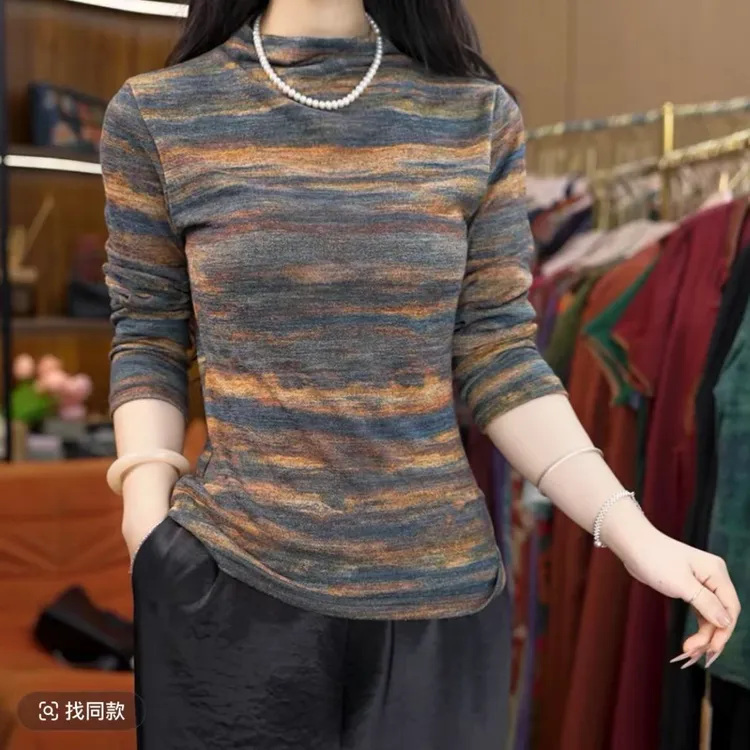 双面磨毛德绒印花离子自发热女士半高领打底衫长袖冬季新款