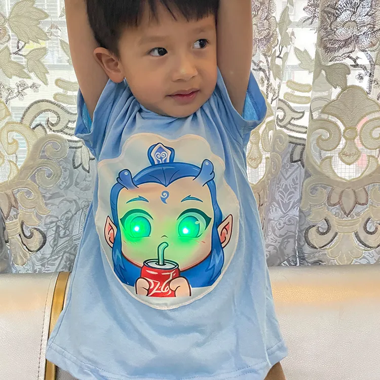 哪吒儿童服装熬丙亮灯发光T恤夏男女童纯棉短袖上衣幼儿园亲子装