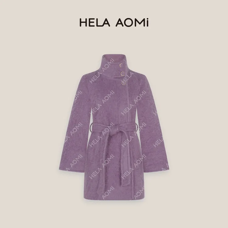 HELA AOMI“薰衣草紫”绵羊毛100%大翻领蓬松毛呢大衣CY5DX08059