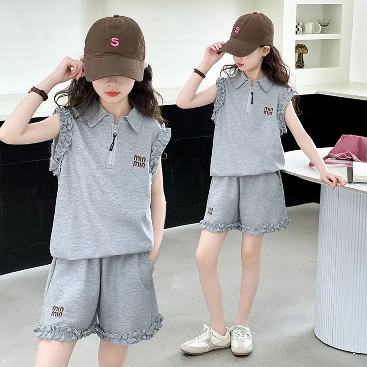 女童休闲套装夏季新款中大童背心短裤两件套儿童运动POLO衫夏装潮