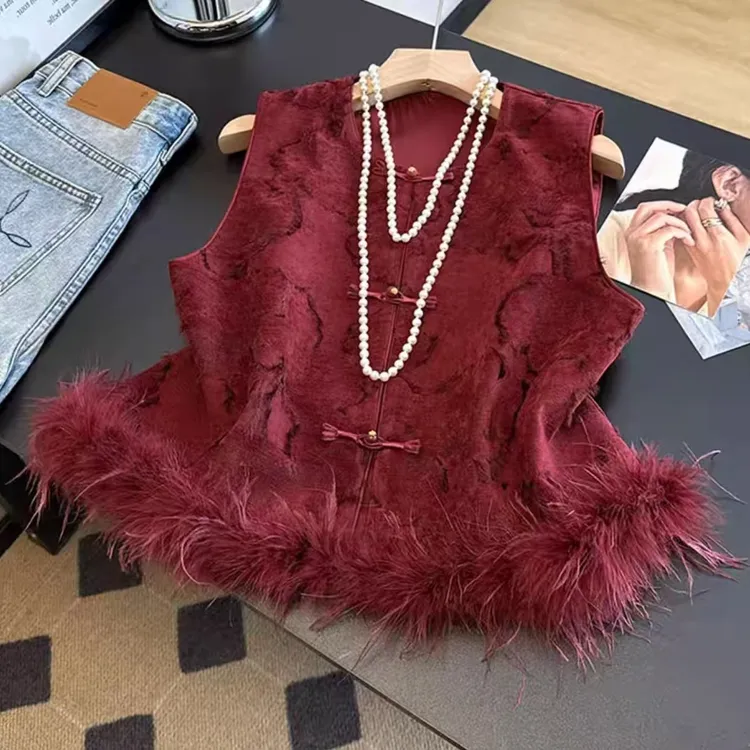 【加棉加厚】新中式红色提花盘扣马甲女减龄洋气国风鸵鸟毛坎肩