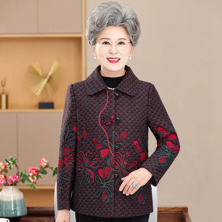 中老年人春秋外套女奶奶洋气翻领上衣妈妈秋冬加绒加厚老太太衣服