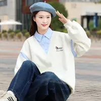 初中生卫衣女衬衫领假两件拼接学院风高中学生大童春秋季洋气休闲