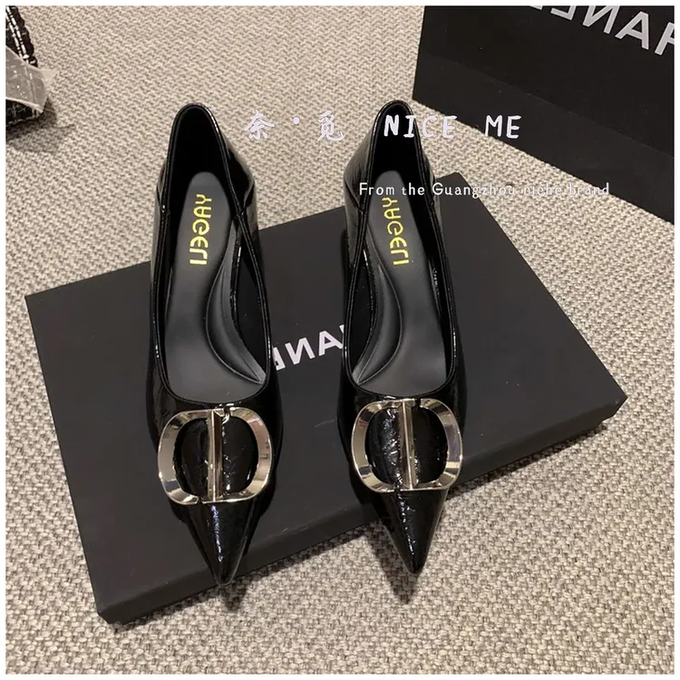 【千金】NICE ME~5cm欧美气质金属扣高跟鞋ol尖头浅口细跟单鞋女ins