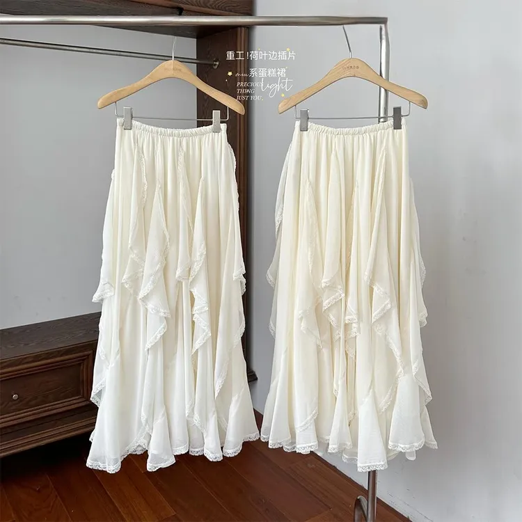 不规则蕾丝荷叶边插片下摆半身裙新款气质百搭高腰显瘦A字长裙