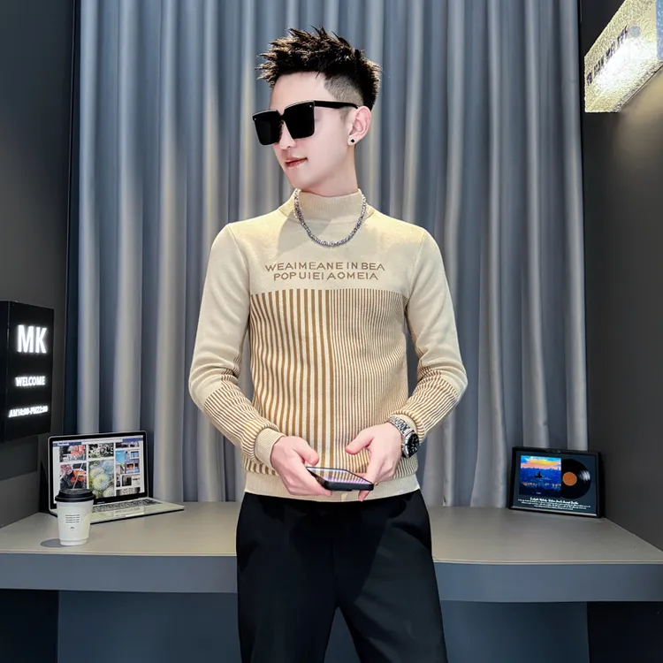 秋冬季半高领毛衣男士修身条纹针织衫2025新款爆款痞帅内搭打底衫
