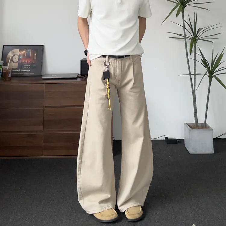 美式复古cleanfit褶皱弯刀牛仔裤男女显高宽松阔腿休闲工装裤子