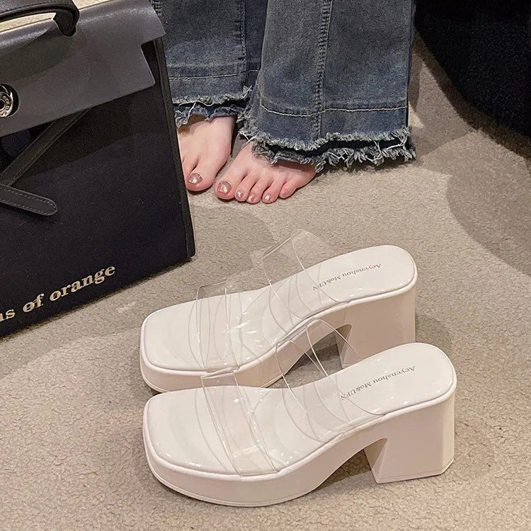 高跟拖鞋女夏外穿2025年新款透明凉鞋防水台厚底粗跟凉拖鞋鞋子