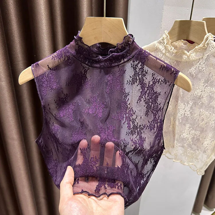 绝美紫色半高领蕾丝打底衫女秋冬透明叠穿性感内搭假领子无袖背心